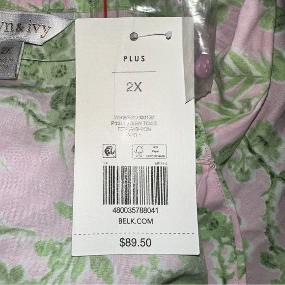 Crown & Ivy 3/4 sleeve Tiered Dress Pink Green Toile NWT 2X with Pockets - Picture 6 of 7